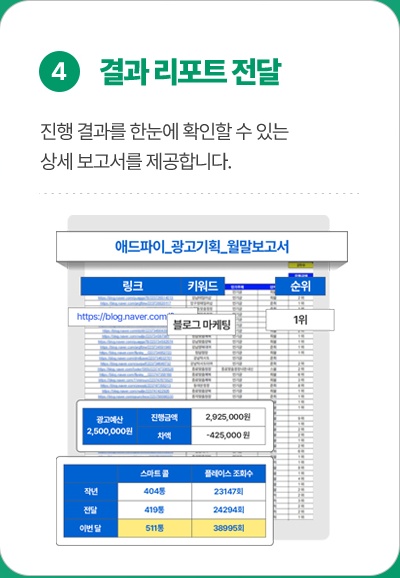 4. 결과 리포트 전달: 진행 결과를 한눈에 확인할 수 있는 상세 보고서를 제공합니다.