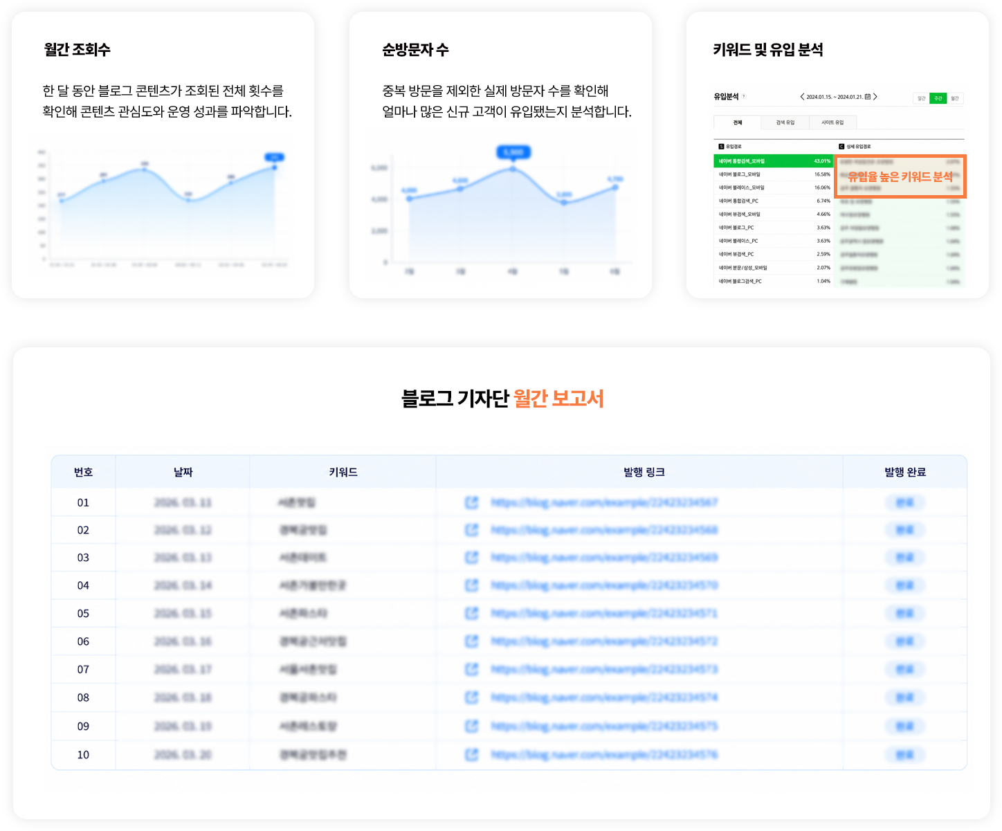 월간 조회수와 순방문자 수, 키워드 및 유입 분석, 블로그 기자단 월간 보고서